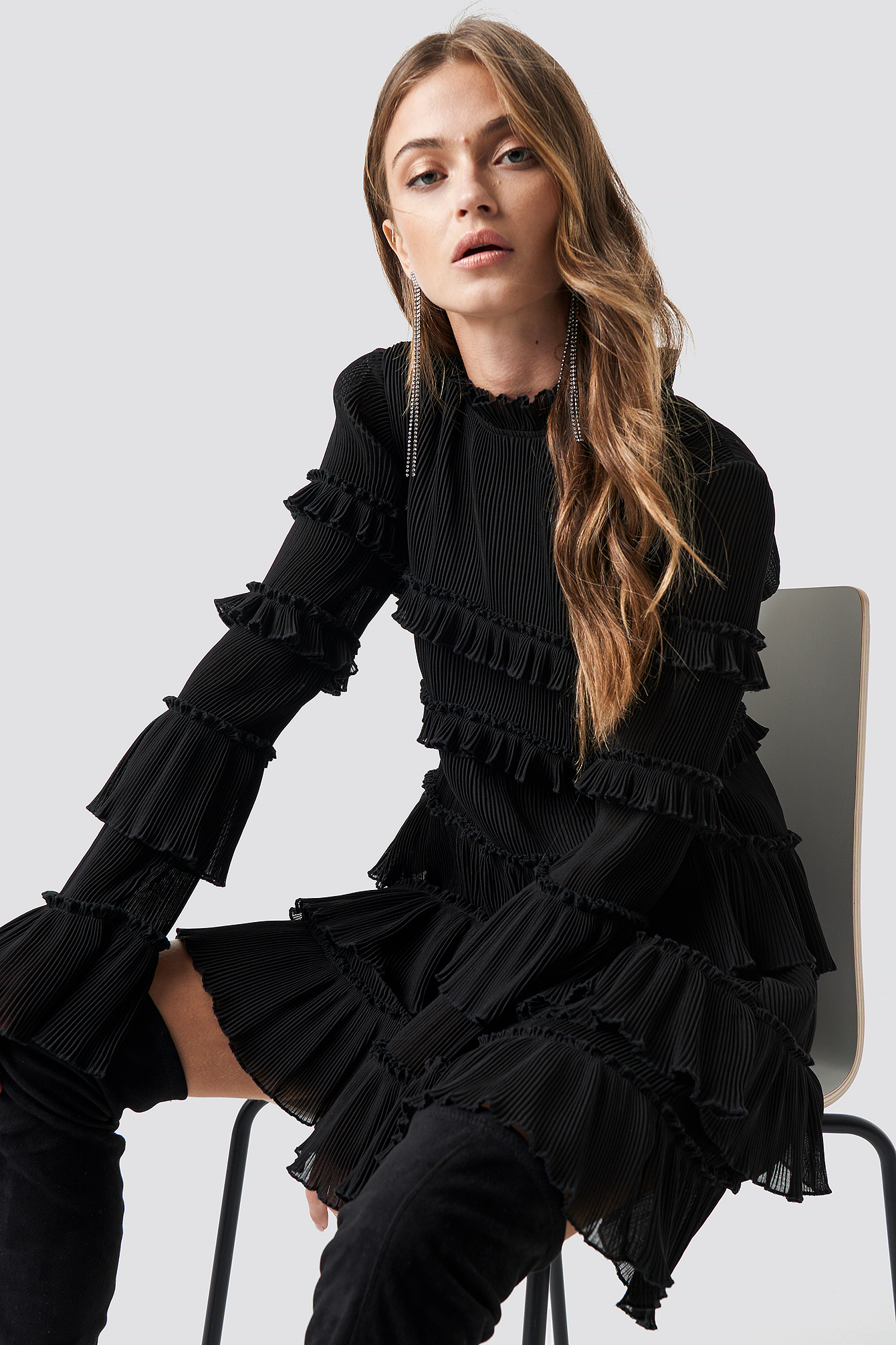 High Neck Layered Mini Dress Black