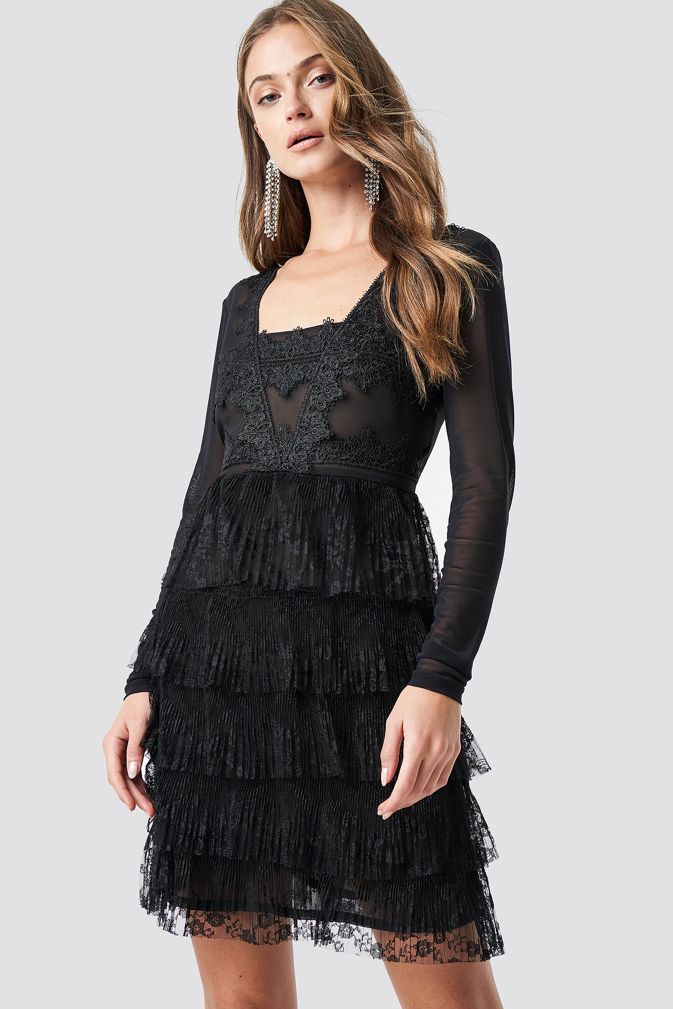 Mesh Sleeve Lace Mini Dress Black