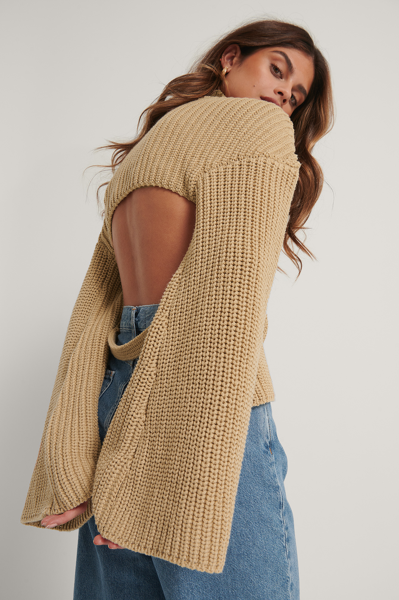 Beige Recycled Cut Out Back Knitted Sweater