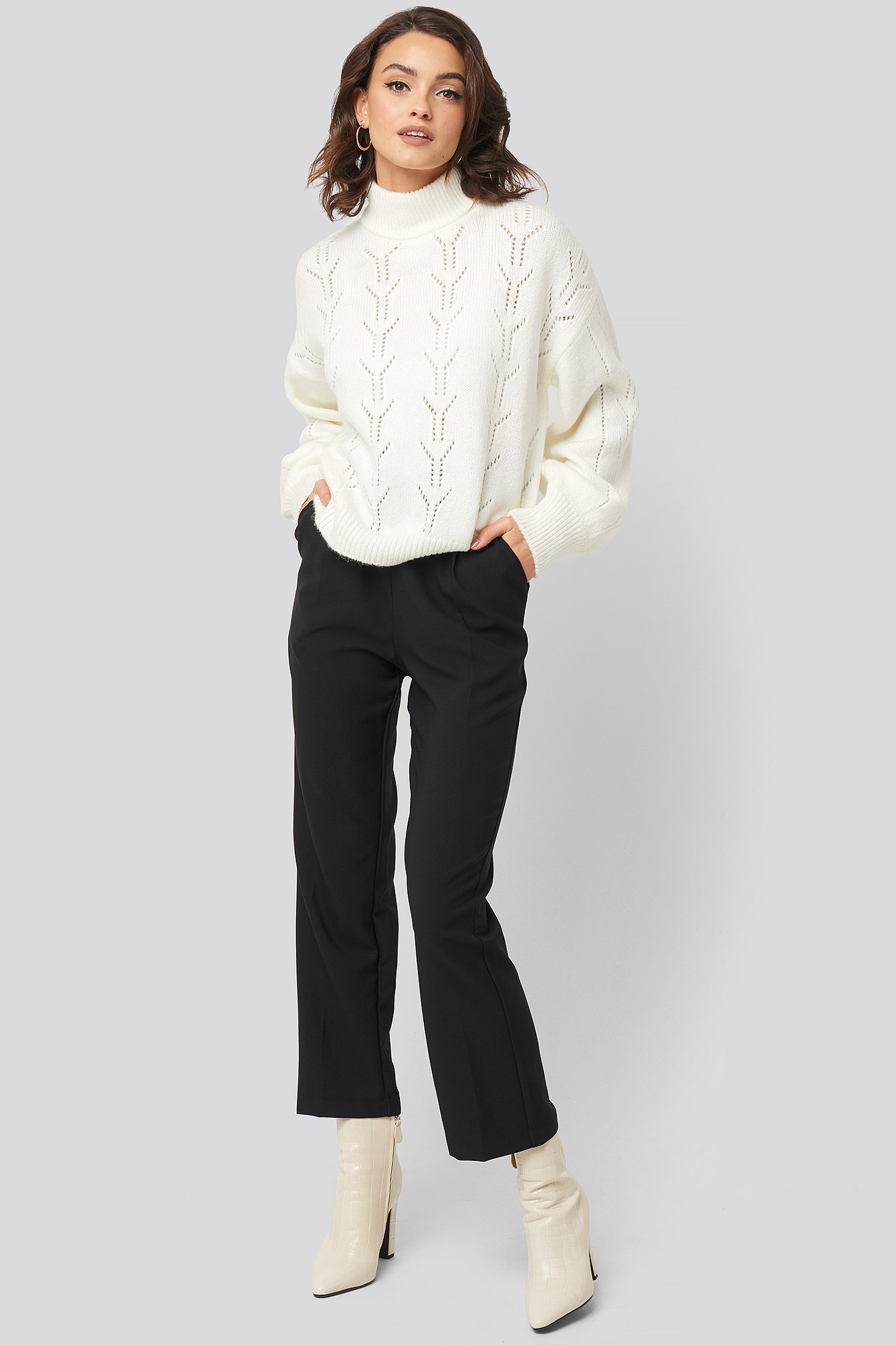 High Neck Balloon Sleeve Knitted Sweater White Outfit