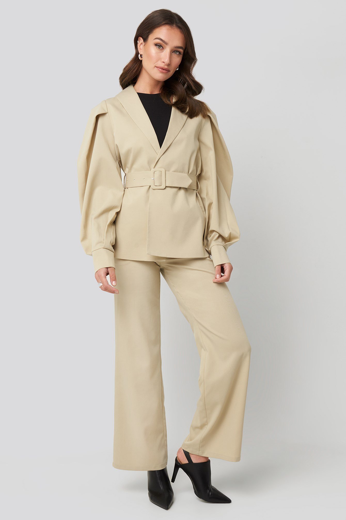Puff Sleeve Belted Blazer Beige Outfit