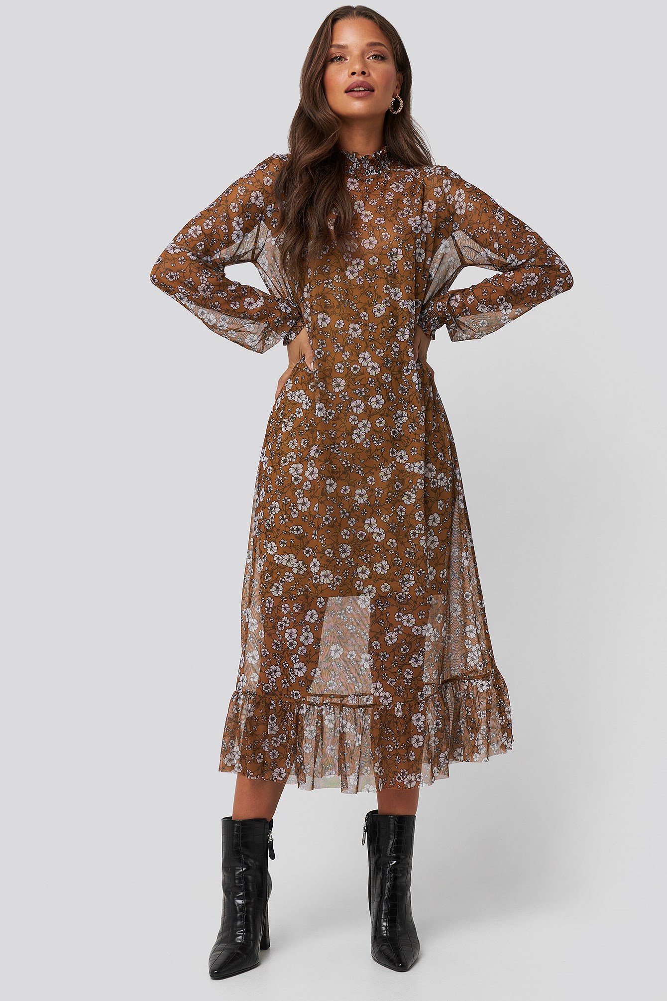Smock Neck Printed Mesh Dress Brown 