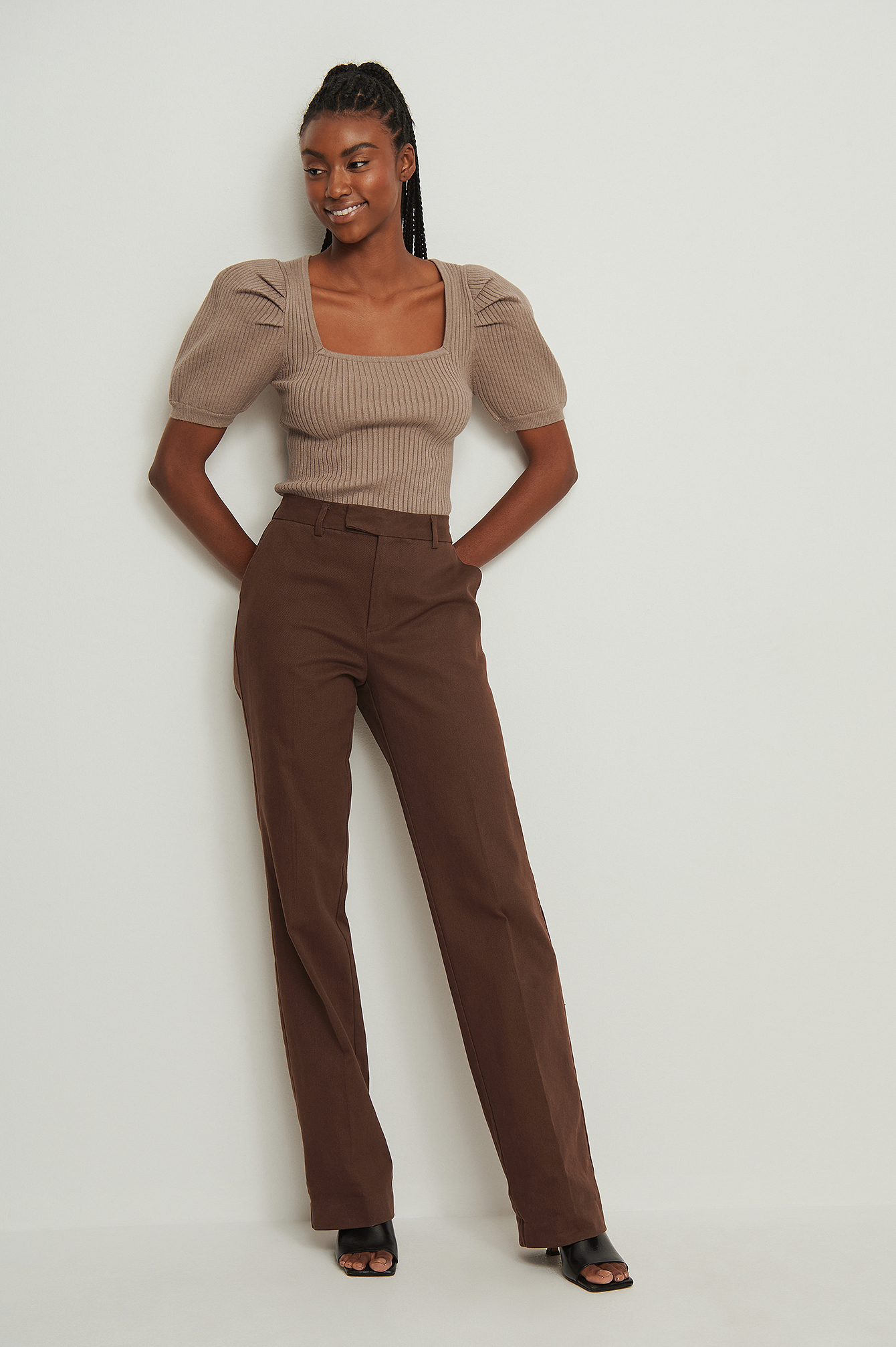 Puff Sleeve Ribbed Knitted Top Outfit