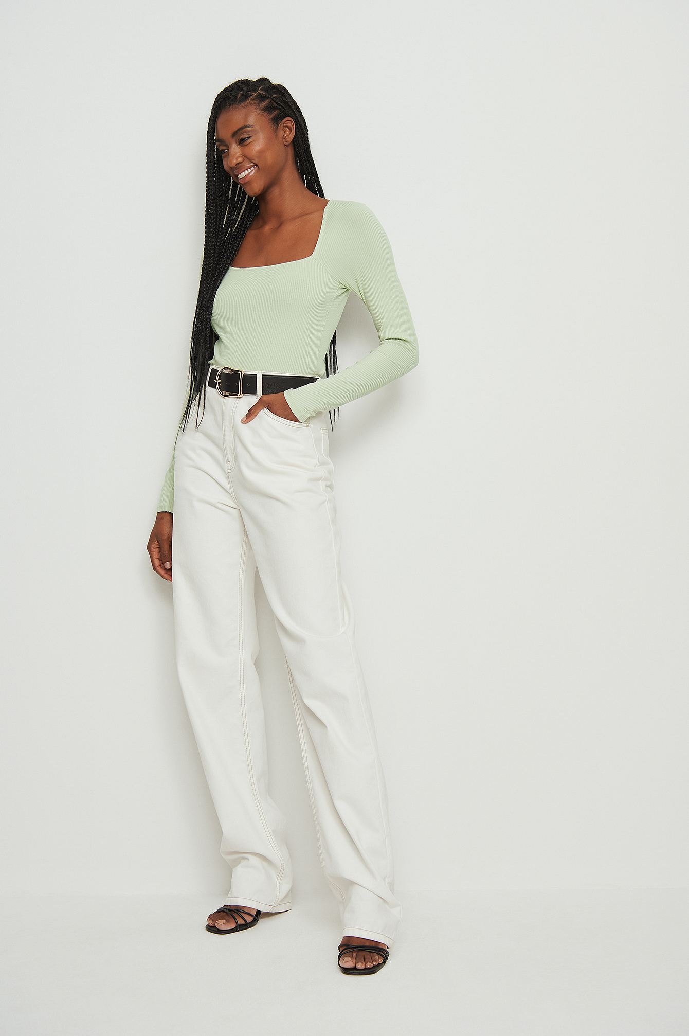 Light Green Ribbed Square Neck Detail Top