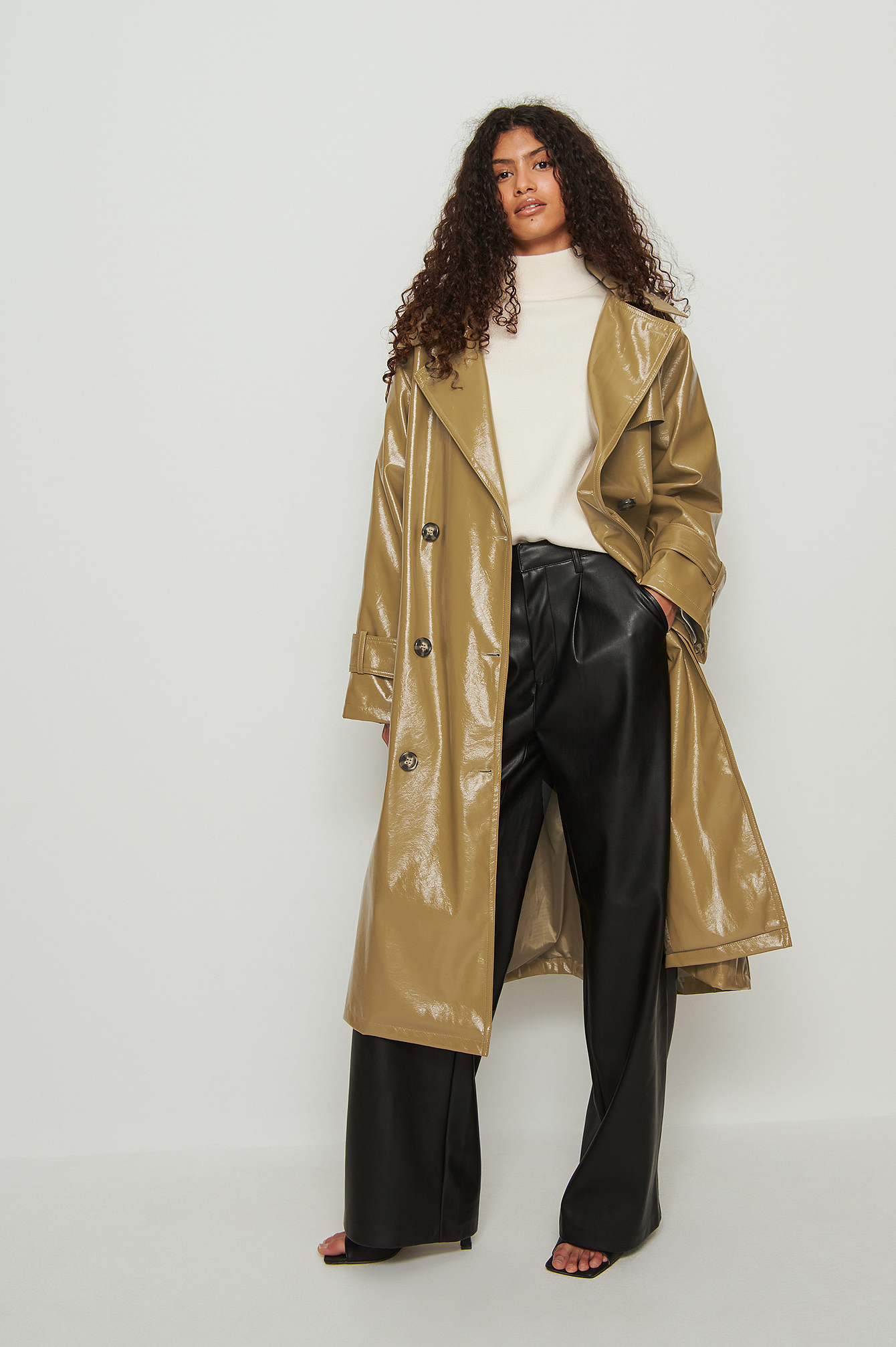 Olive Shiny PU Belted Trench Coat