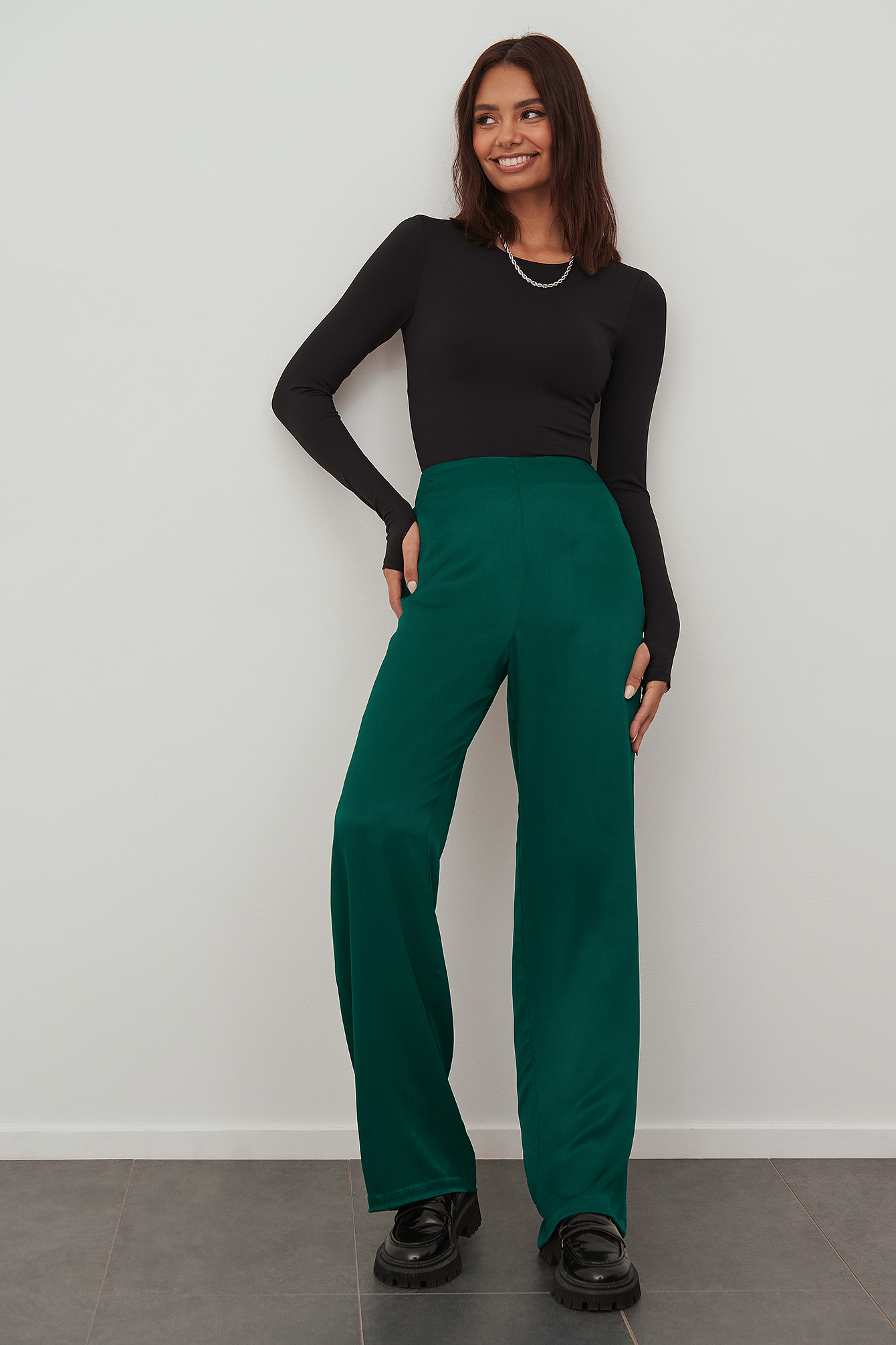 High Waist Flowy Satin Trousers Outfit.