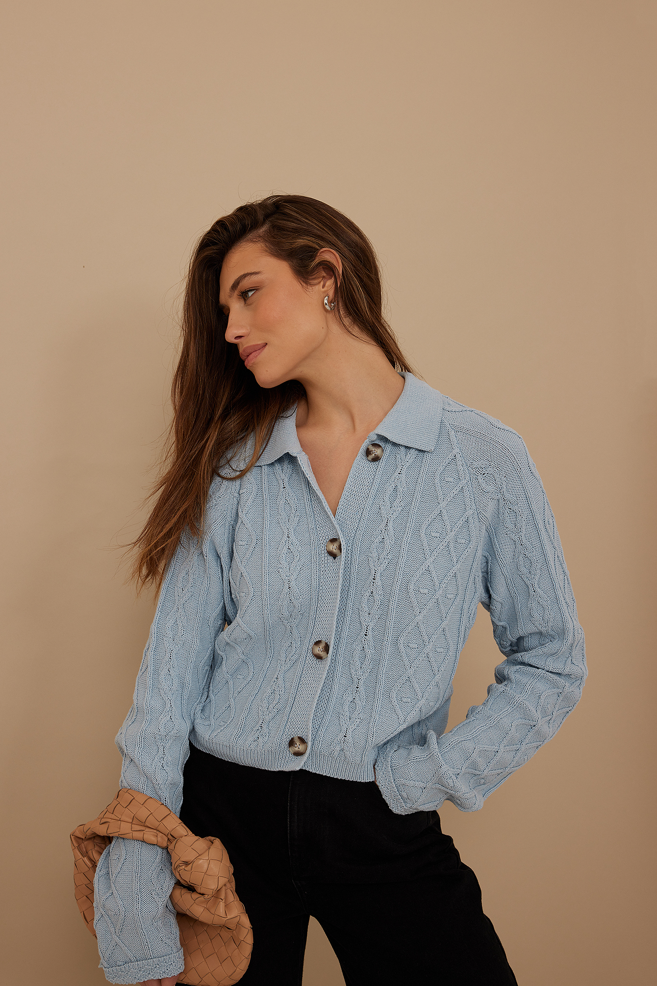 Button Detail Collar Cardigan Blue | na 