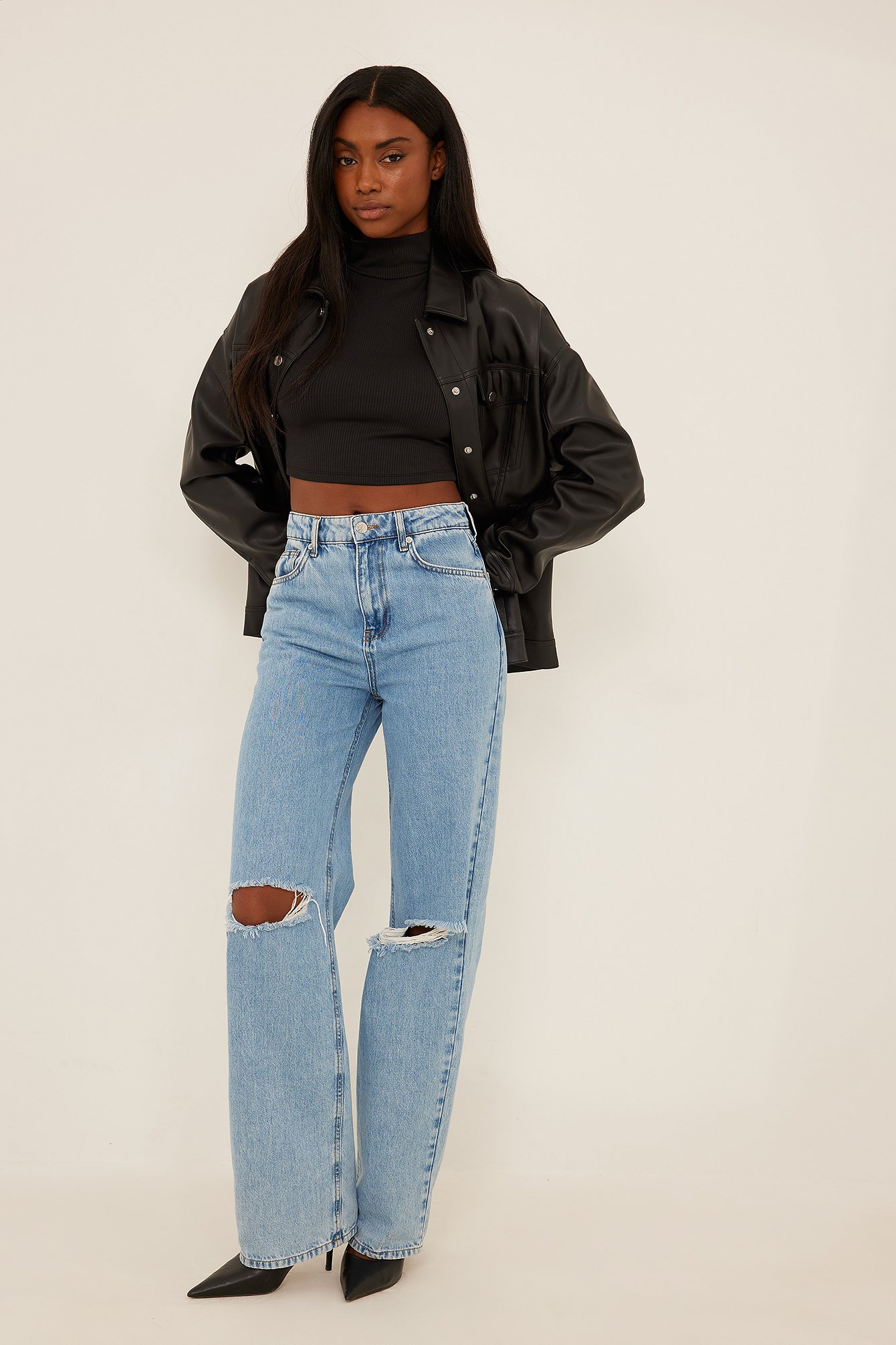 Ribbed Turtle Neck Crop Top Outfit.