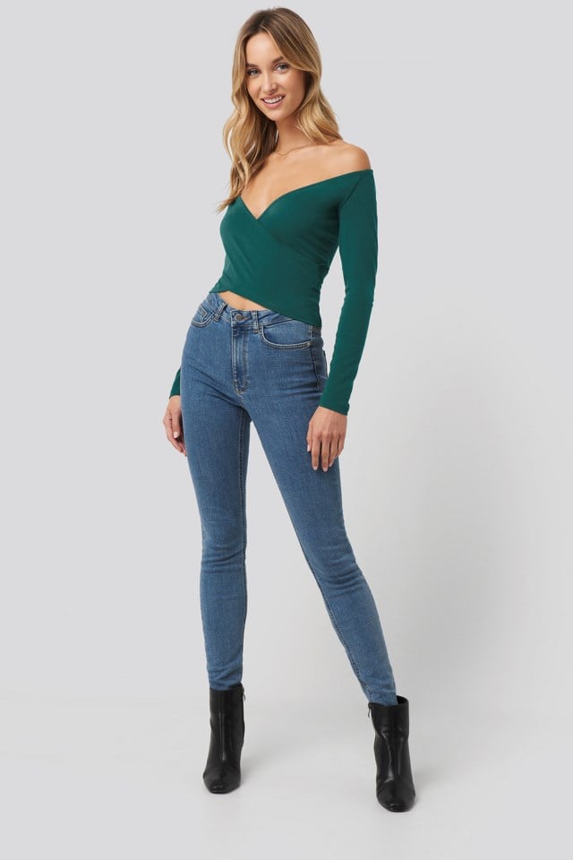 Green Recycled Bardot Wrap Front Crop Top