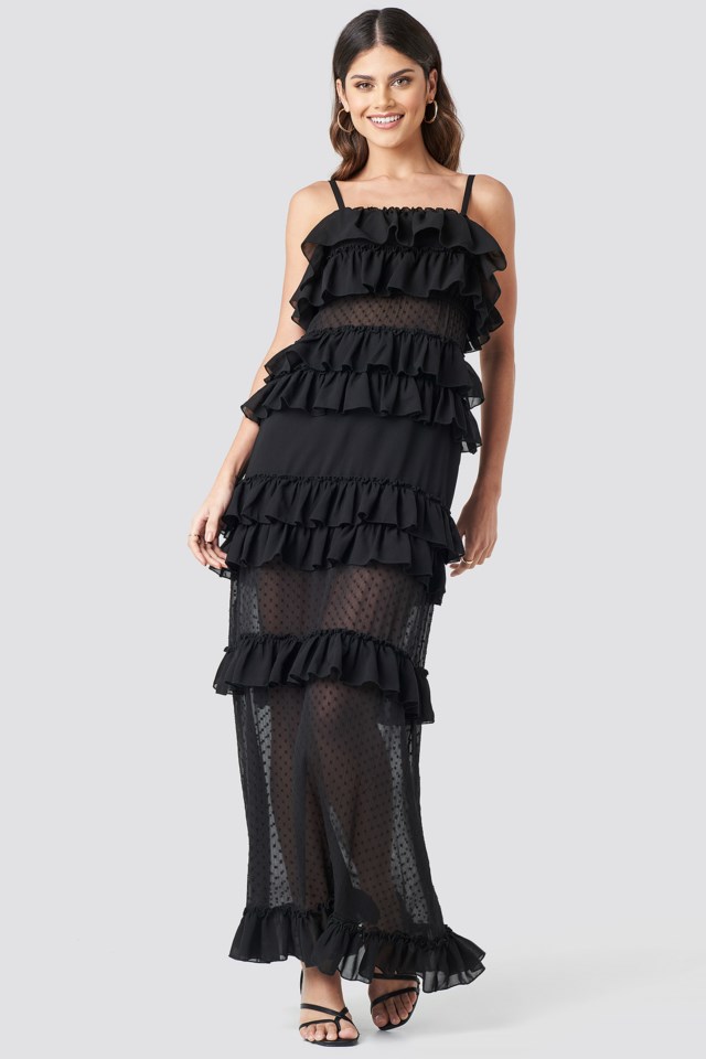Sheer Ruffle Detail Maxi Dress Black 