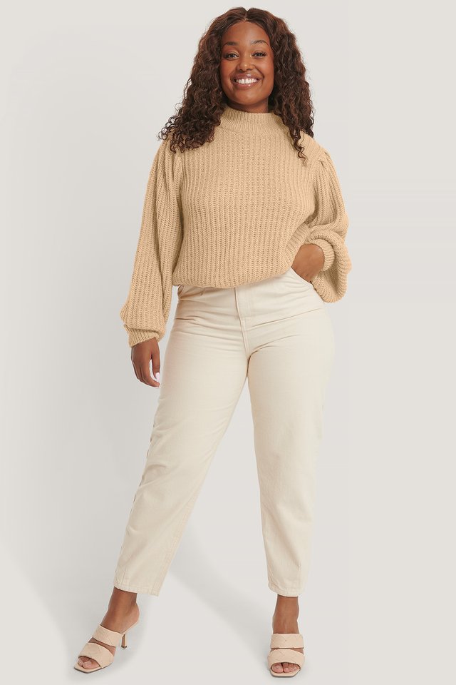 Puff Sleeve Knitted Sweater Beige | na 