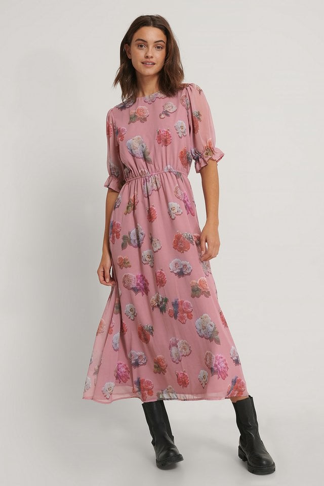 Short Sleeve Flower Printed Chiffon Dress