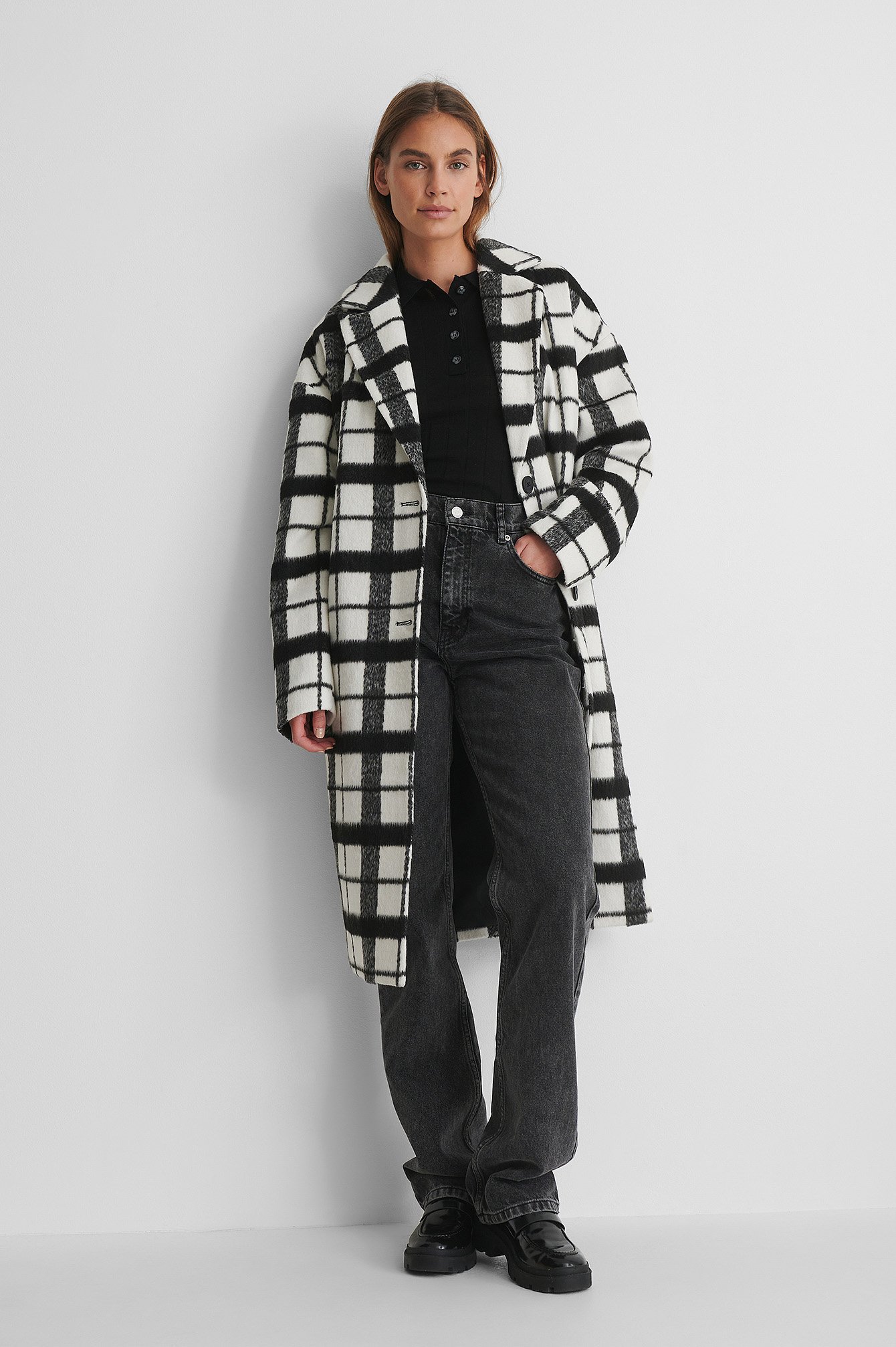 Checked Dropped Shoulder Coat with Grey Denim and Loafers.