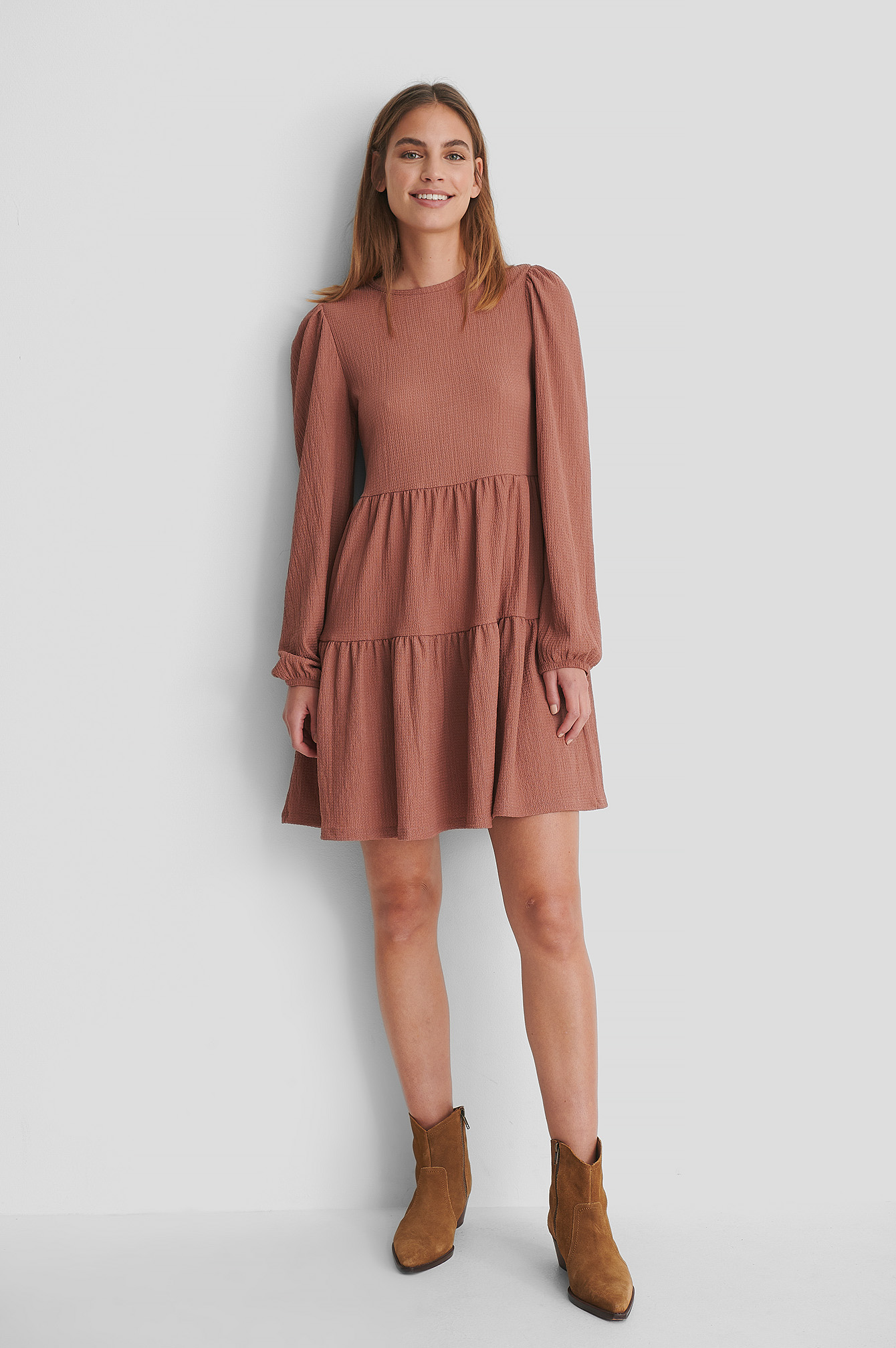 Crepe Puff Sleeve Dress with Boots.