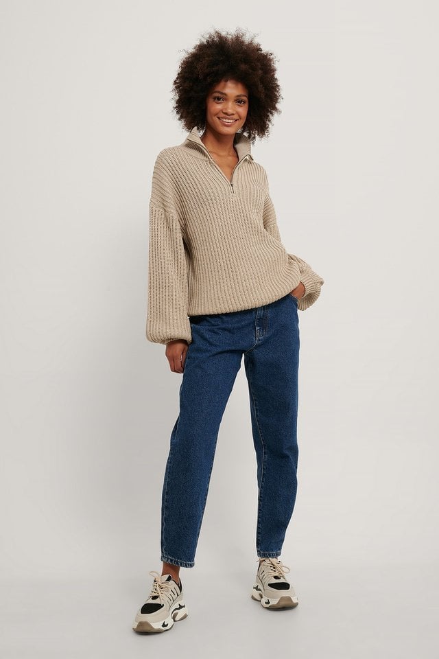 High Neck Zipped Knitted Sweater Outfit.