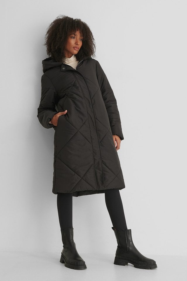 Long Padded Big Quilted Jacket Black.