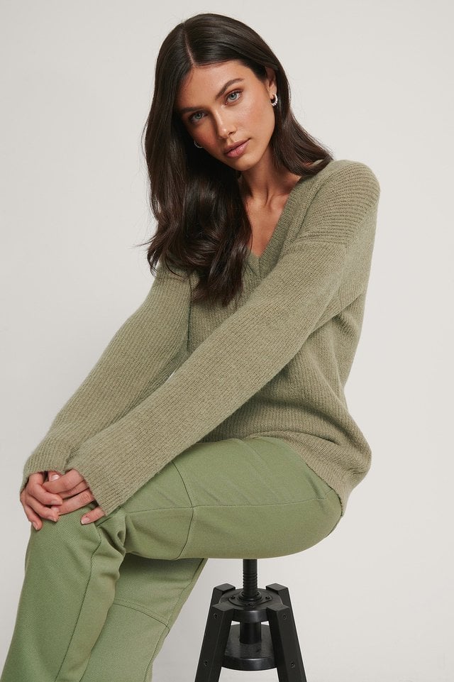 Alpaca Blend V-neck Knitted Sweater Outfit.