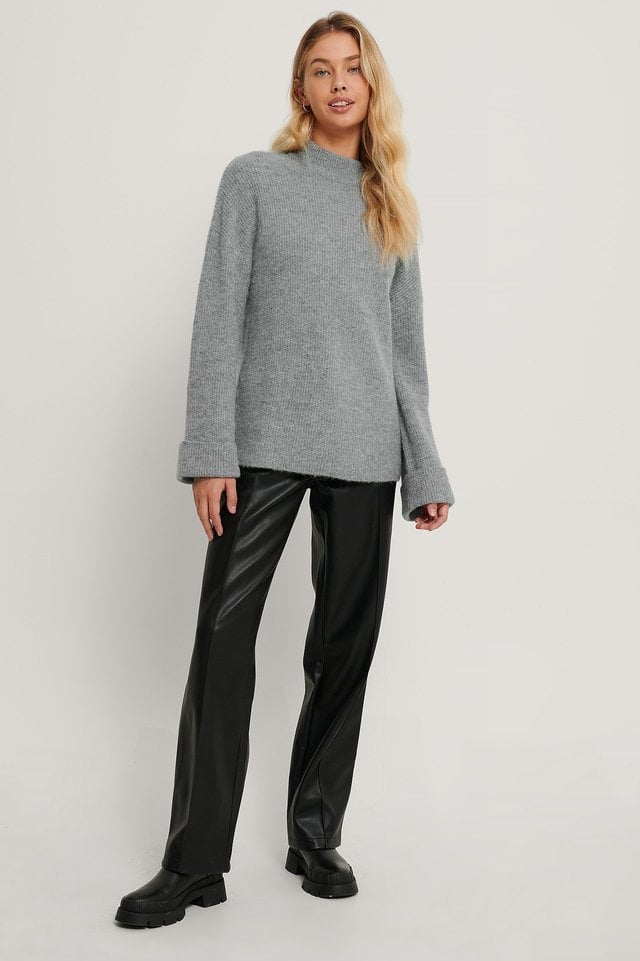 Grey Alpaca Blend High Neck Knitted Sweater