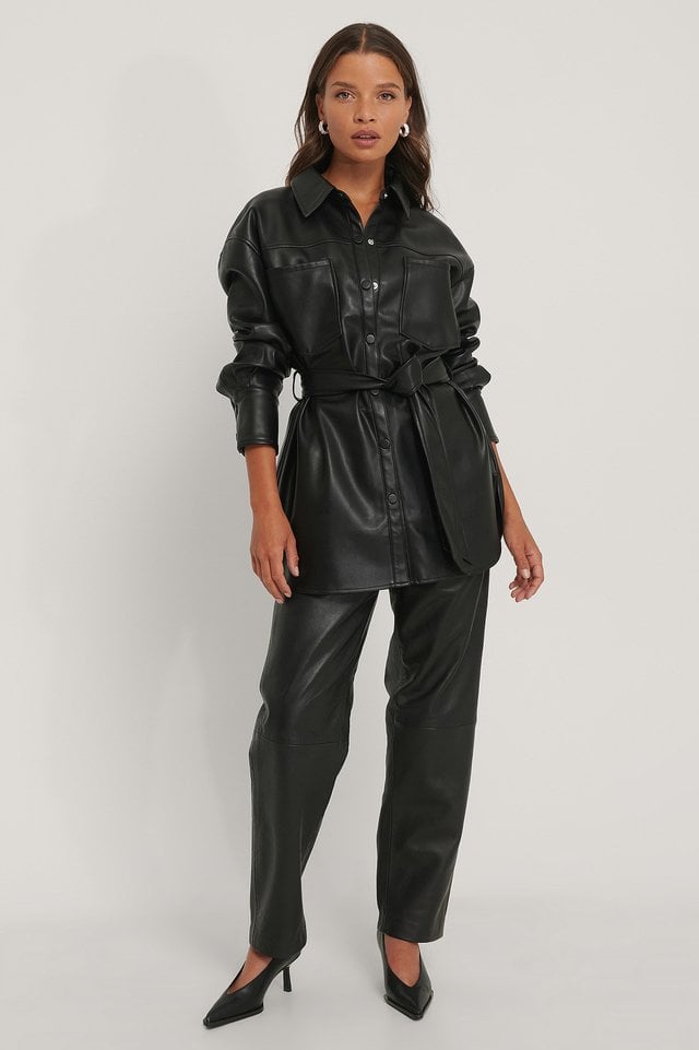 PU Belted Pocket Shirt Outfit.