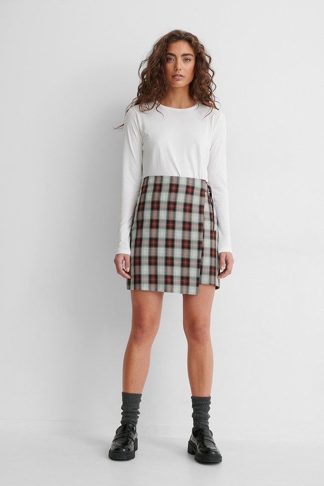 Checked Overlap Skirt Outfit.