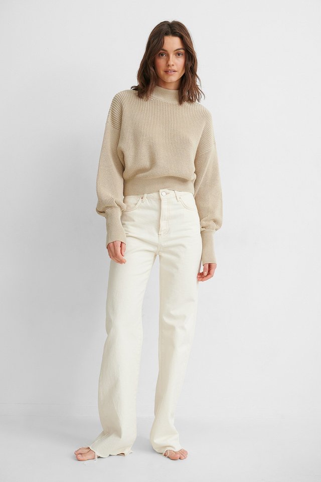 Beige Volume Sleeve High Neck Knitted Sweater