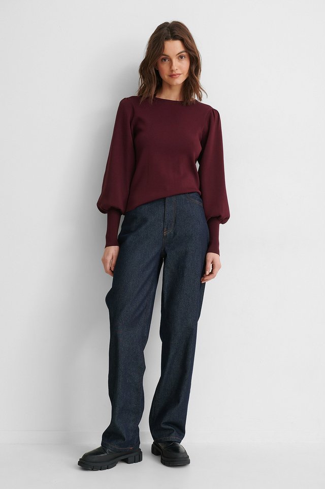 Balloon Sleeve Knitted Sweater Red