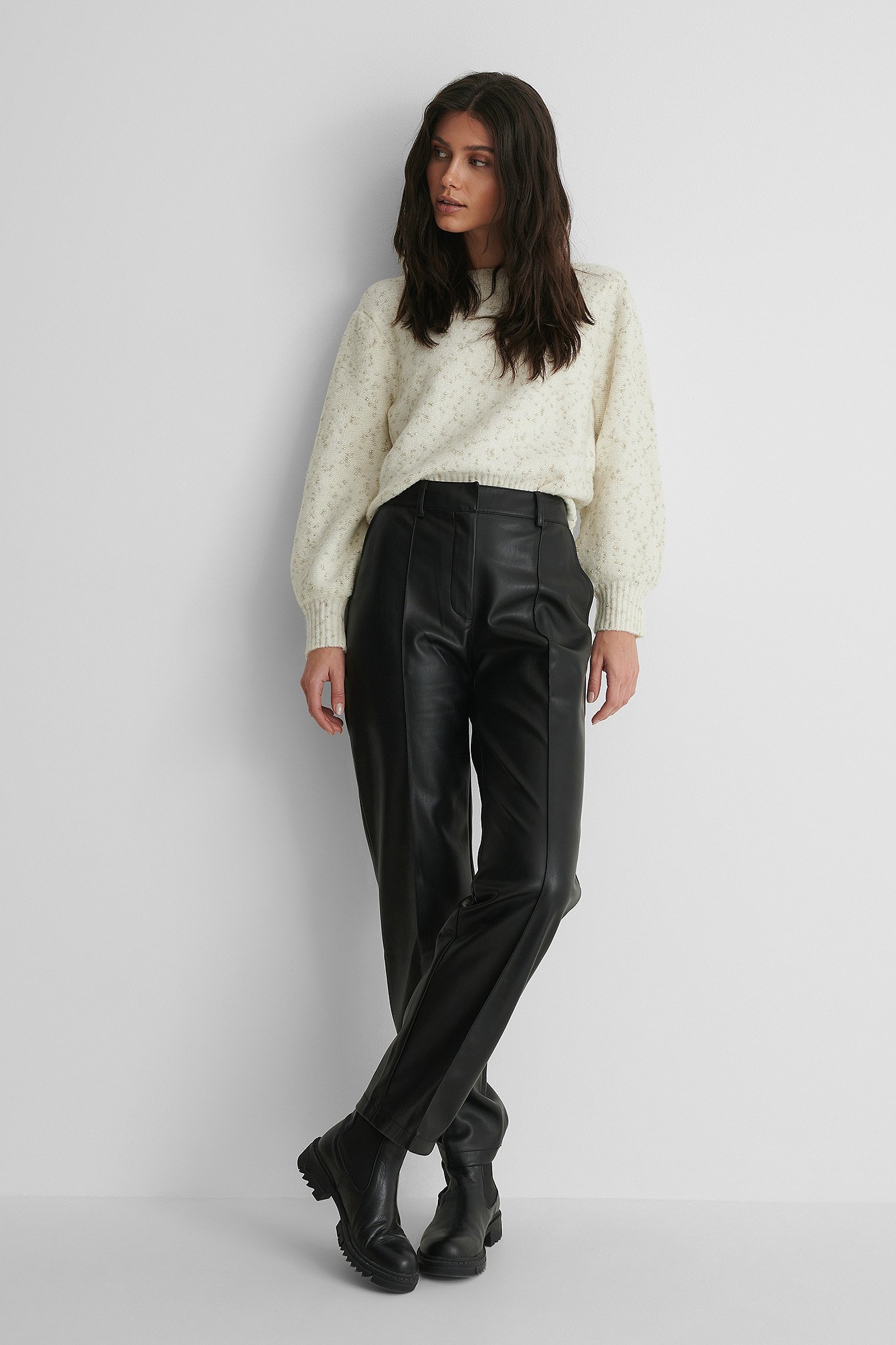 Mango Quilate Sweater with PU Pants and Boots.