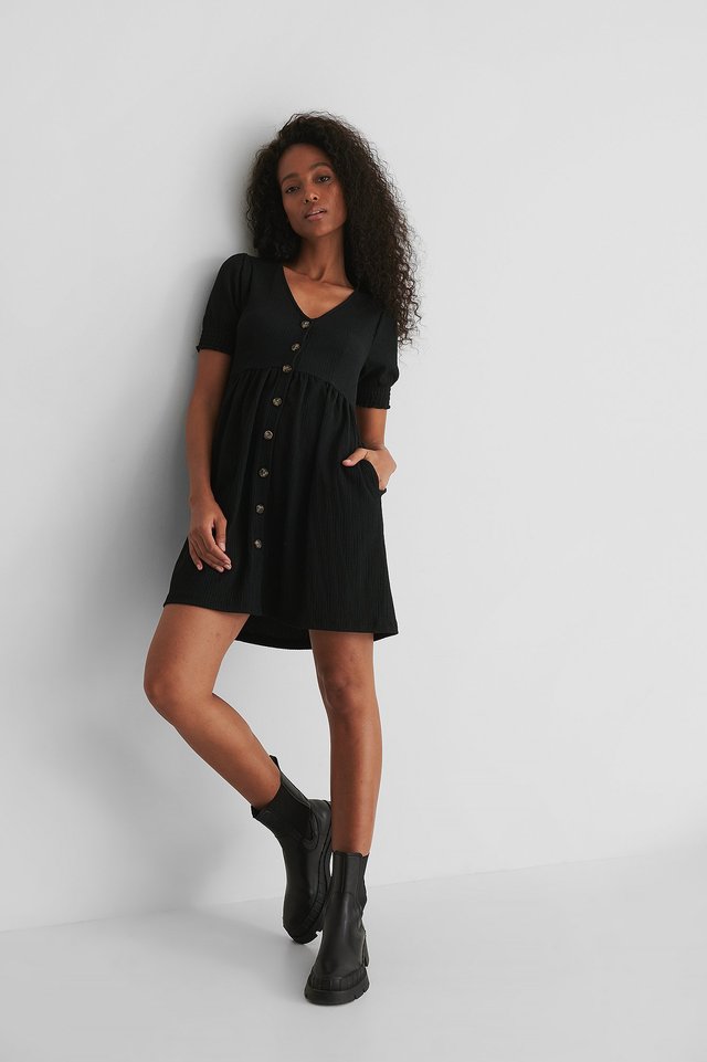 Recycled Button Up Jersey Dress Black