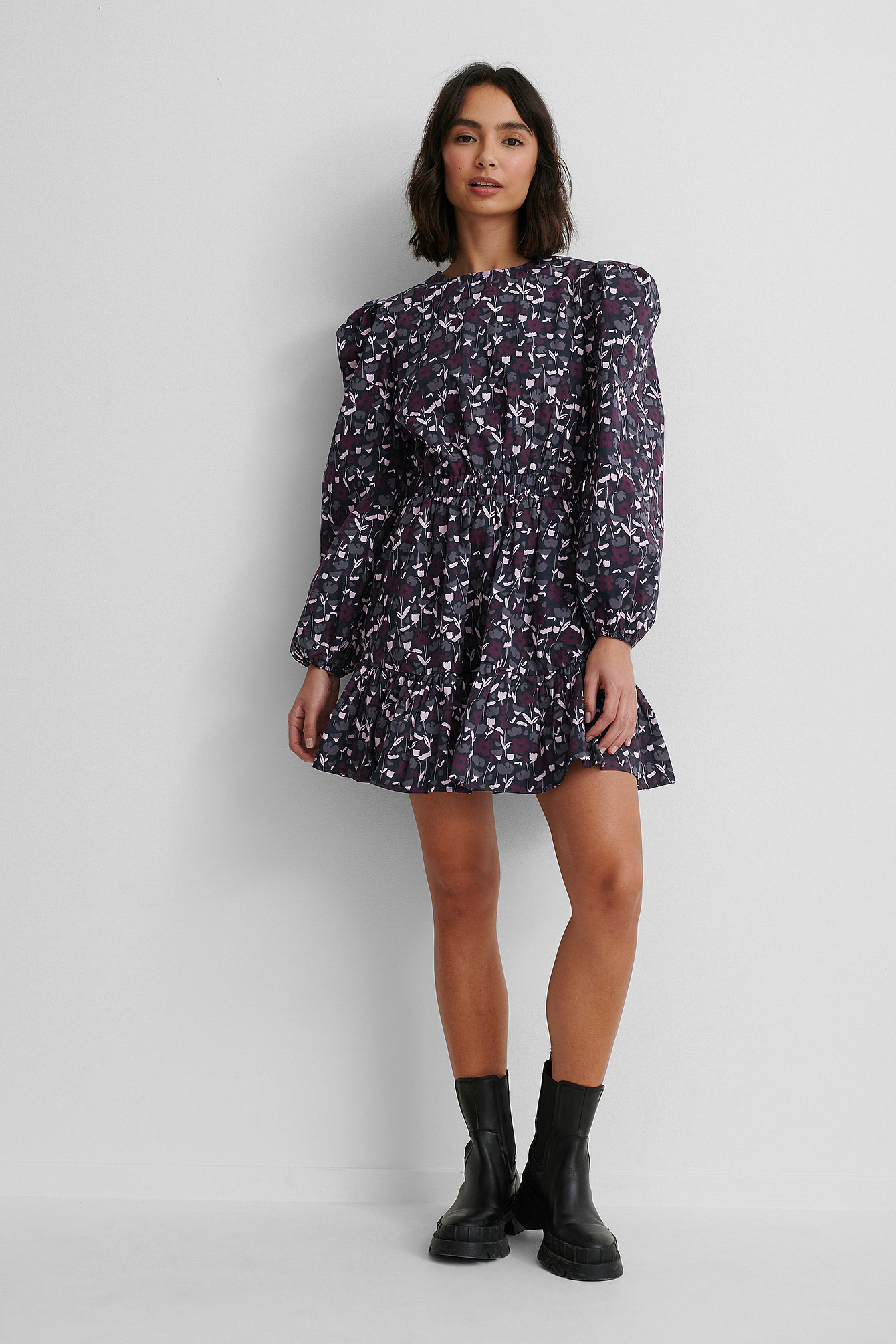 Elastic Waist Long Sleeve Floral Dress 