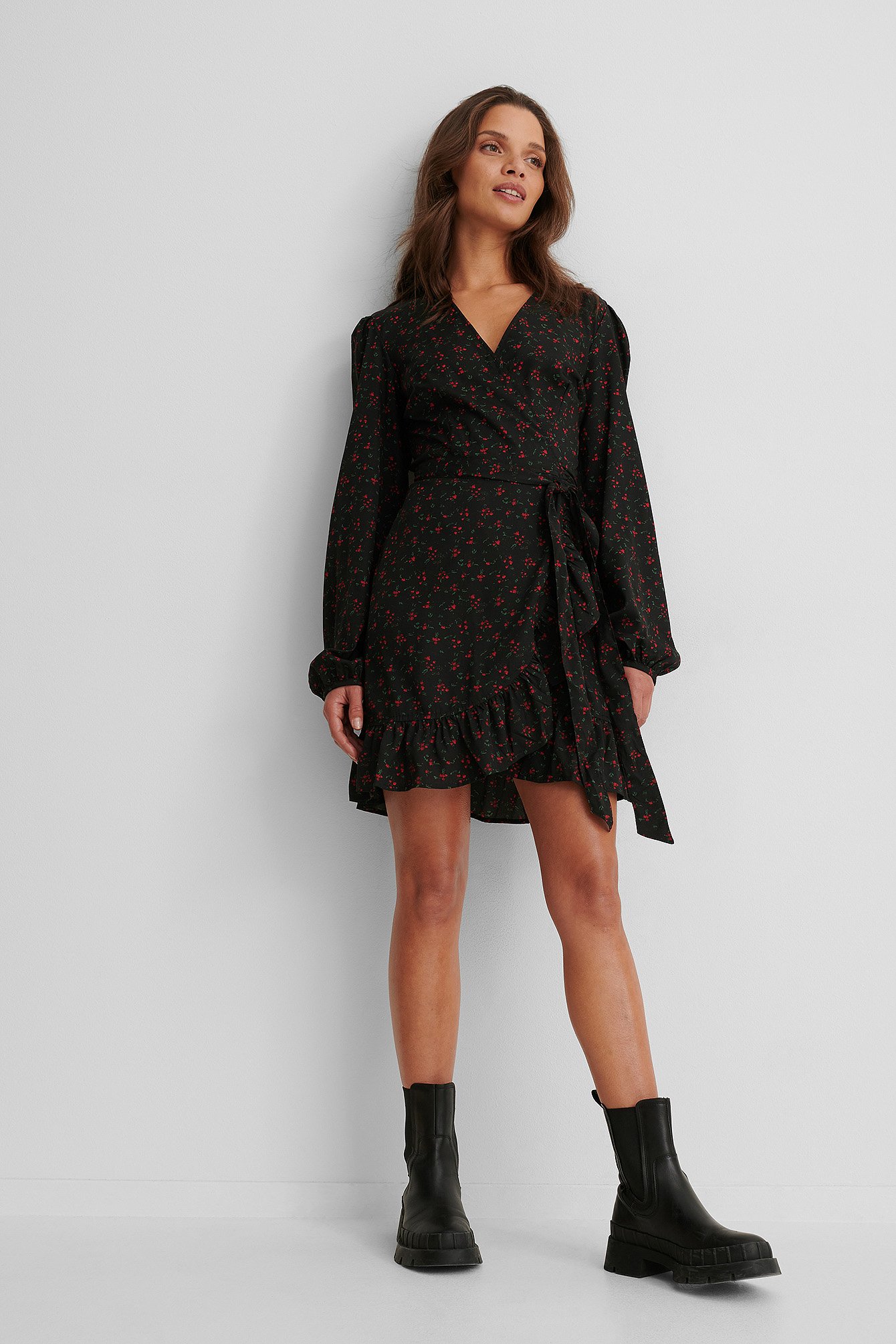 Wrapped Flounce Mini Dress with Boots.