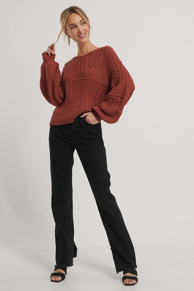 Organic Cable Knitted Deep Back Sweater Outfit.
