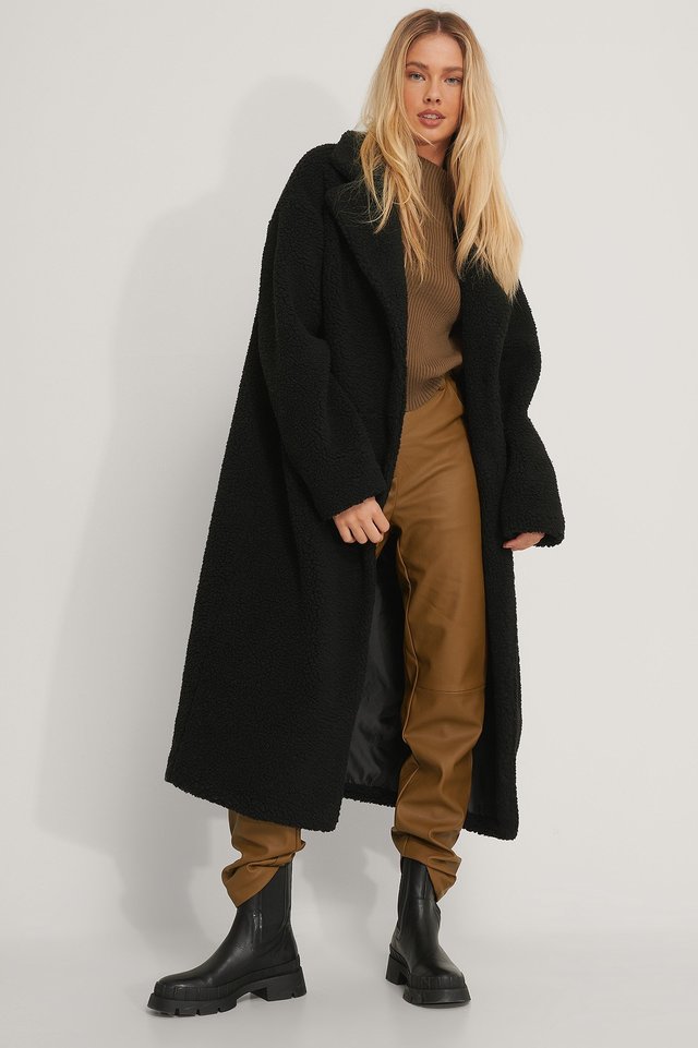 Oversized Long Teddy Coat Black | na-kd.com
