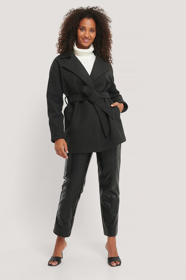 Wool Blend Belted Short Coat Black | na 