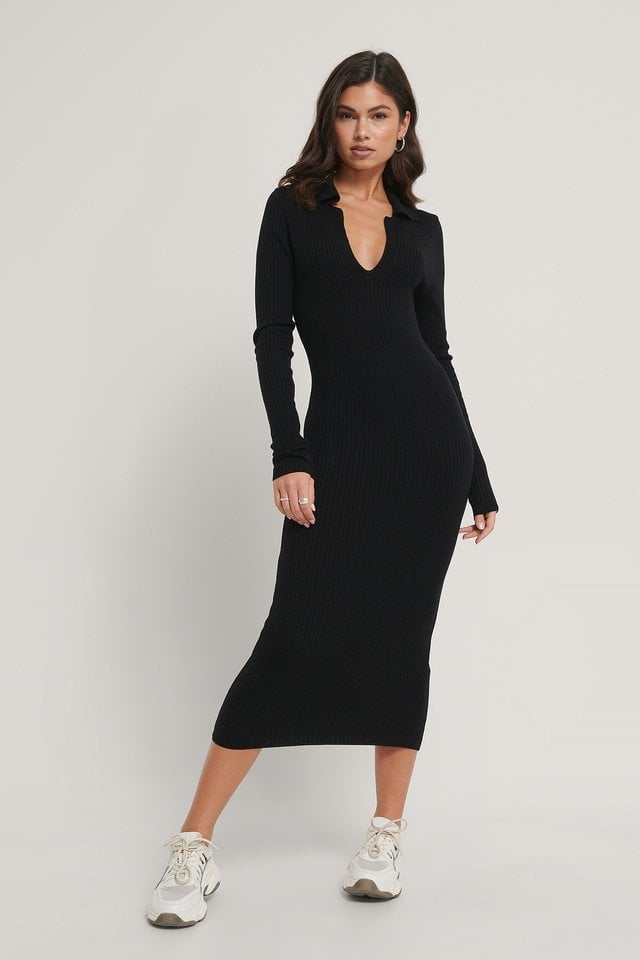 Collar Knitted Midi Dress Outfit.
