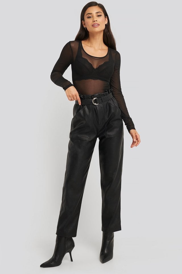 Deep Round Neck Mesh Top Outfit.