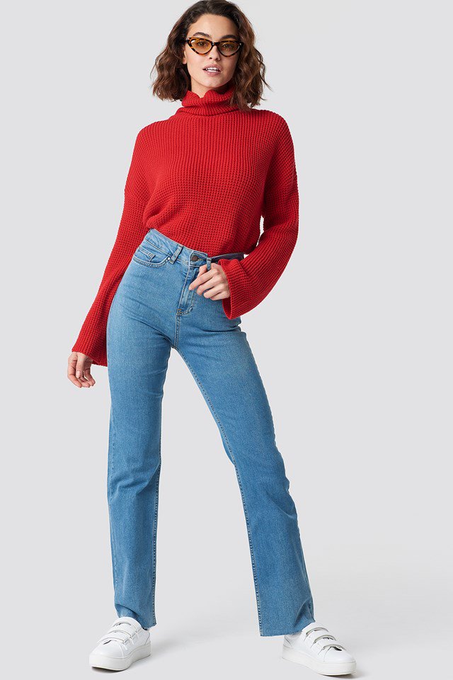 Casual Denim Pants and Polo Neck Knit Outfit