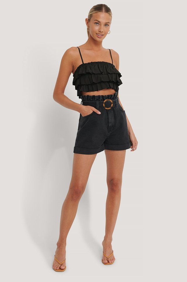 Buckle Belt Denim Shorts Black