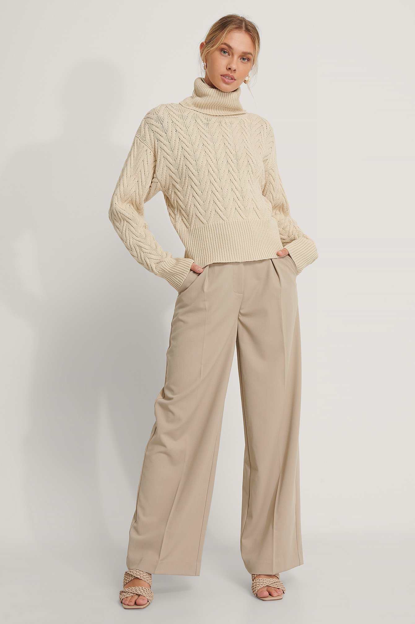 High Neck Pattern Knit Sweater Beige