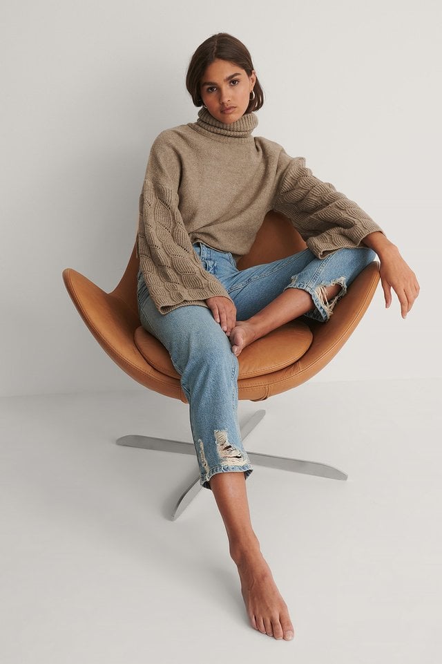 Wide Sleeve High Neck Knitted Sweater Outfit.