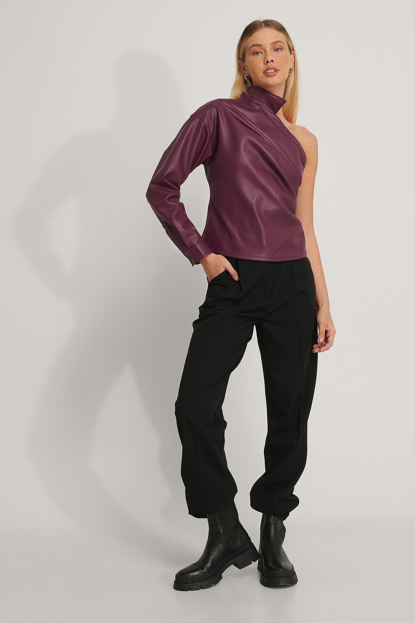One Shoulder PU Shirt Outfit.