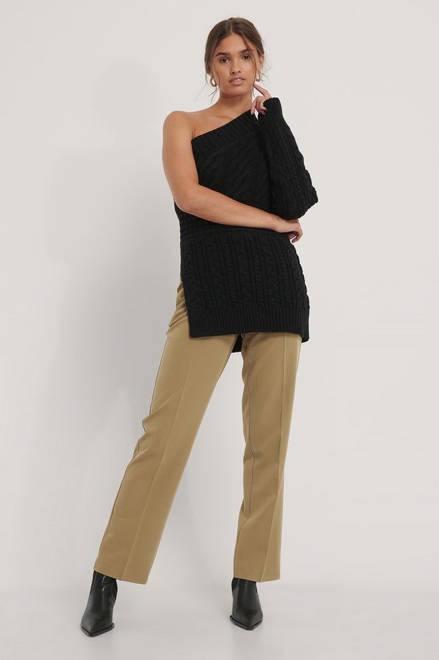 Cable Knit One Shoulder Sweater Outfit.