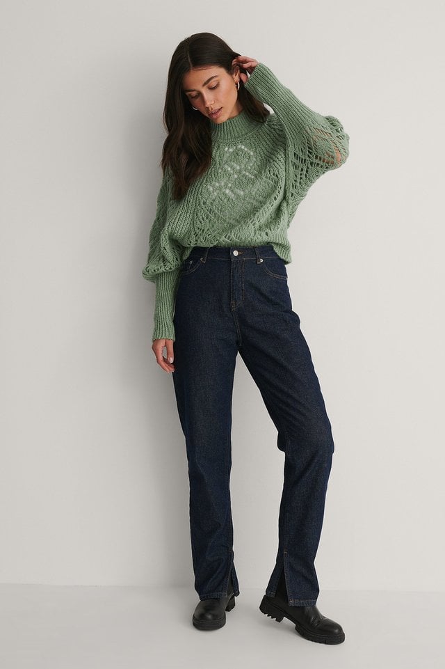 Raglan Sleeve Pointelle Stitch Knitted Sweater Outfit.