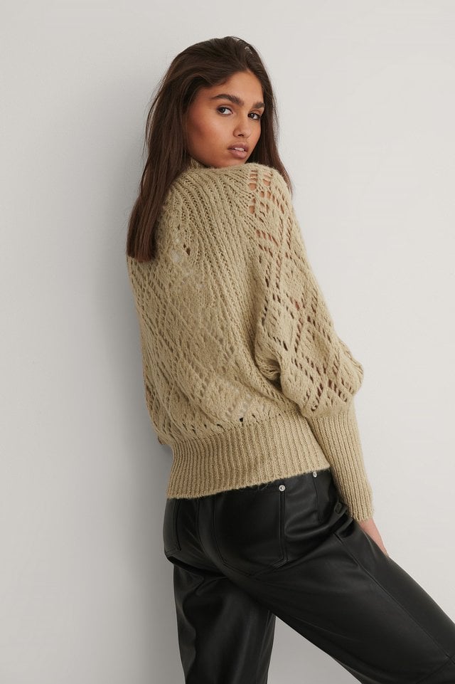 Raglan Sleeve Pointelle Stitch Knitted Sweater Outfit.
