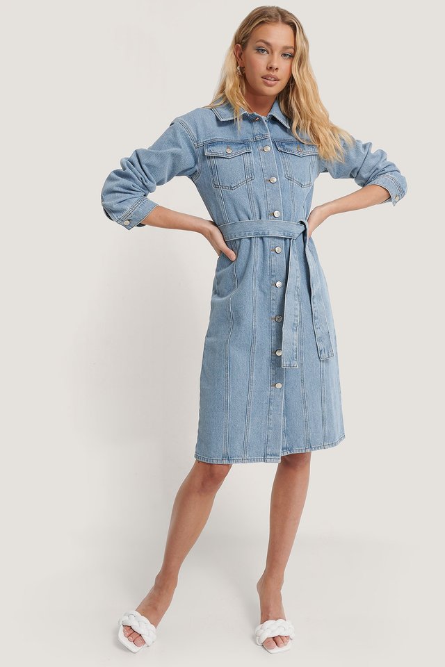 Recycled Belted Denim Dress Outfit.
