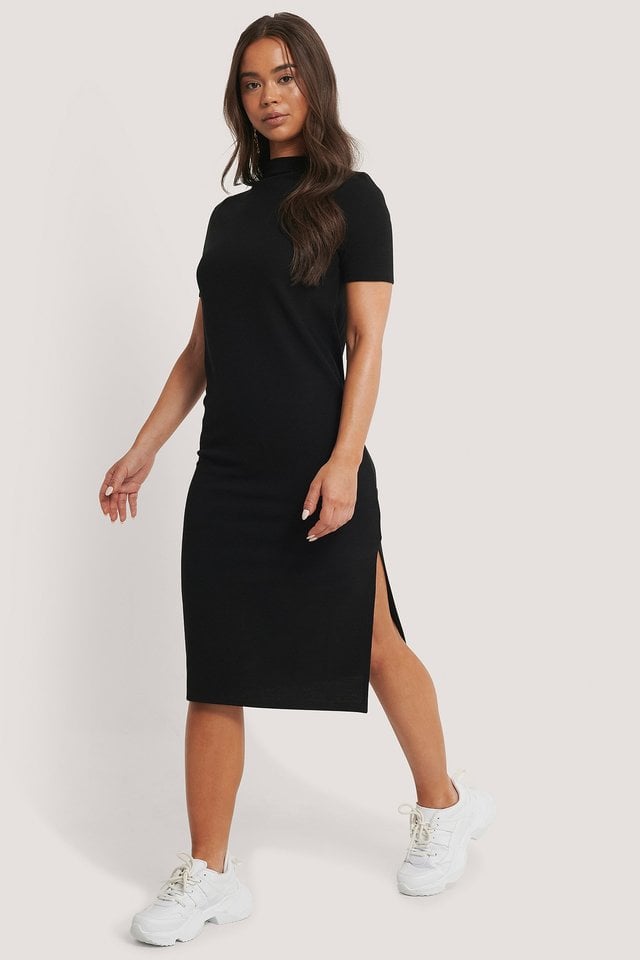 Recycled Straight Basic Side Slit Dress Outfit.