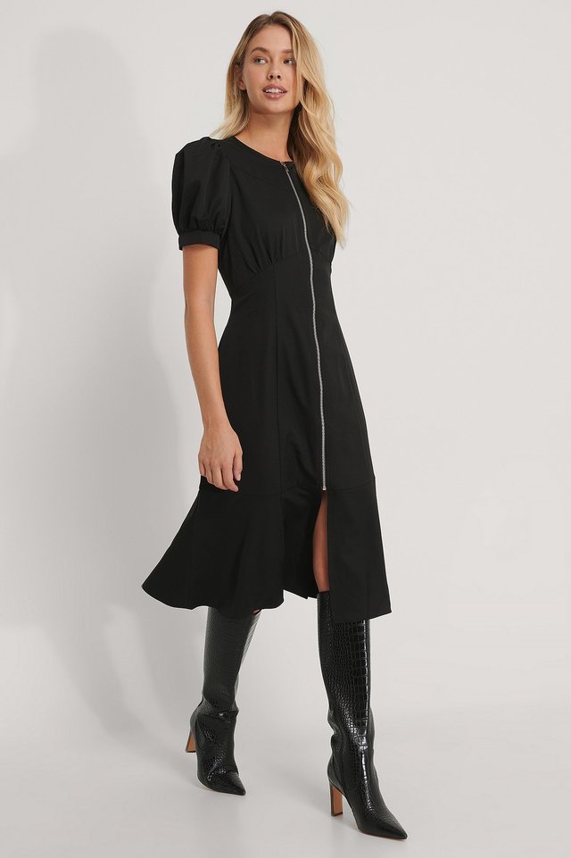 Front Zipper Midi Dress Black