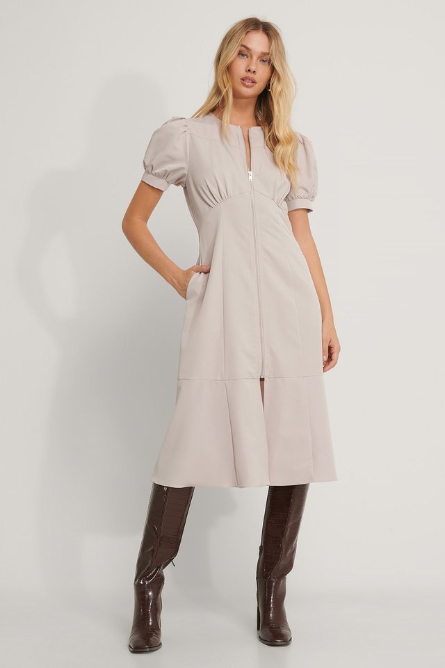 Front Zipper Midi Dress Beige