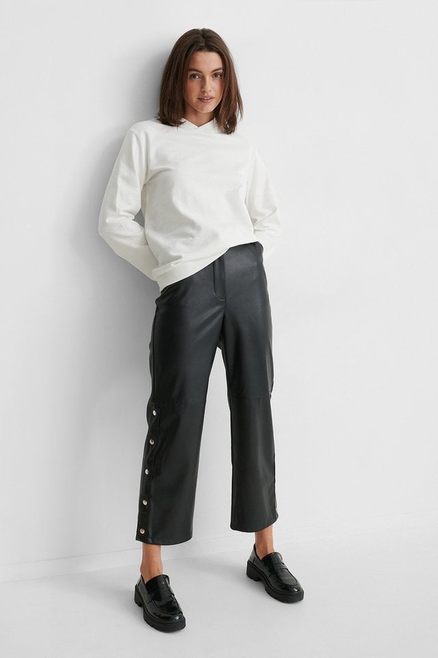 Button Detail Pu Pants Outfit.
