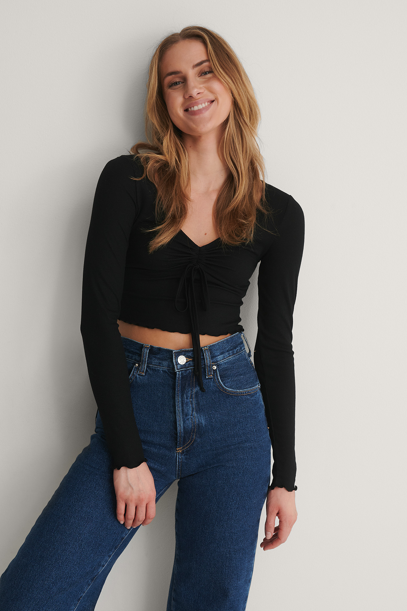 Drawstring Detail Long Sleeve Top Black 