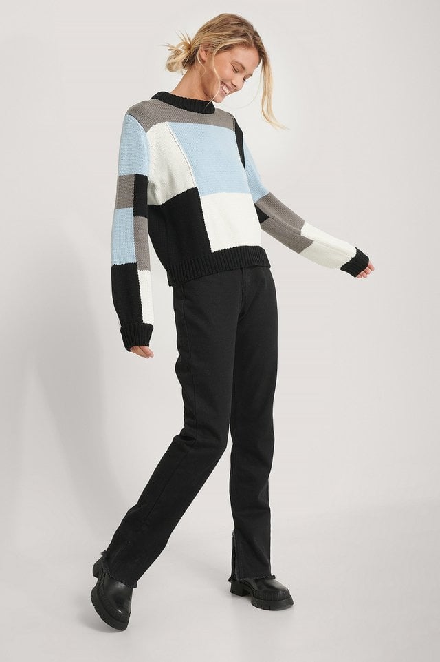 Multi Color Blocked Knitted Sweater Outfit.
